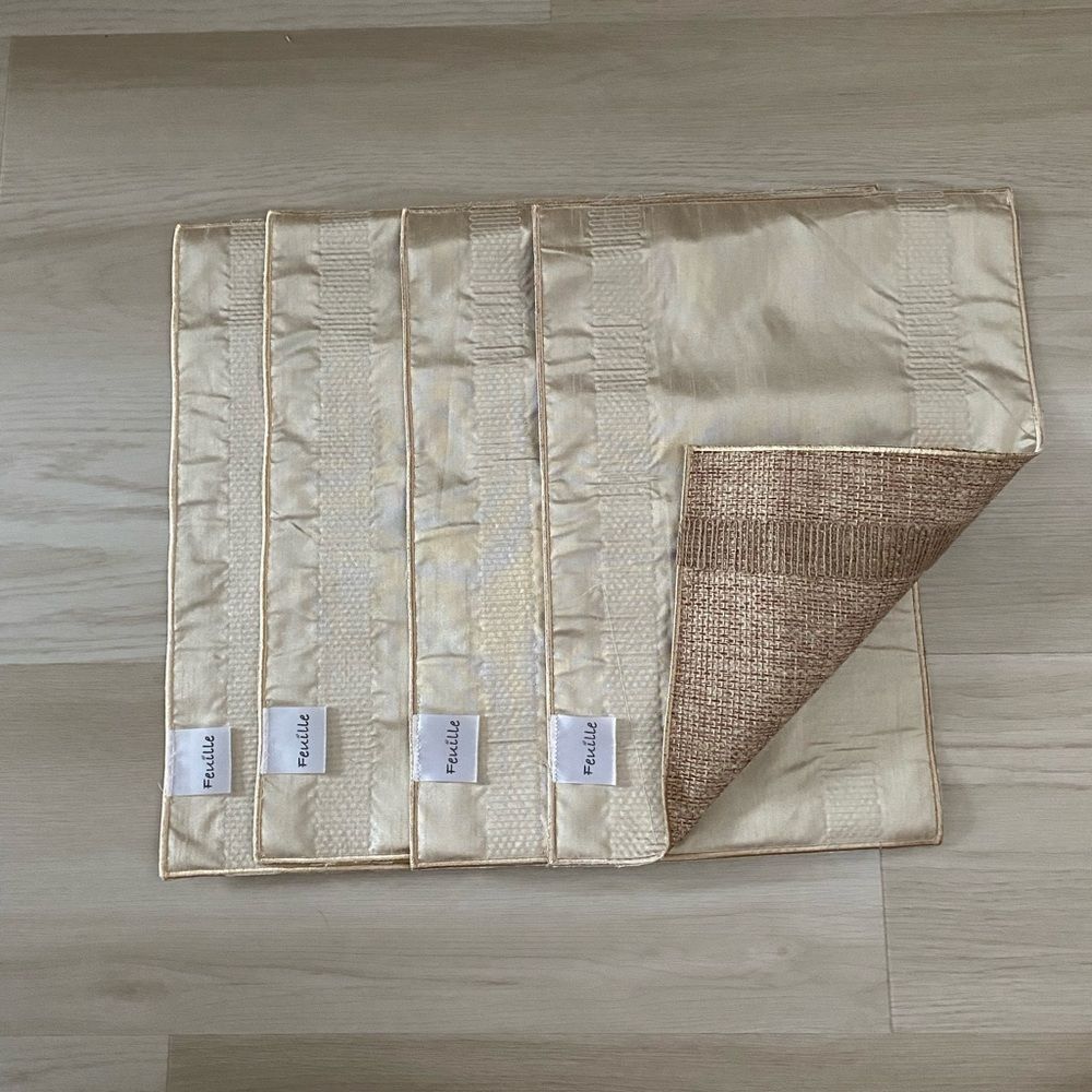 Feuile Elegant Cream Reverse Brown Texture Placemats Set linen Blend